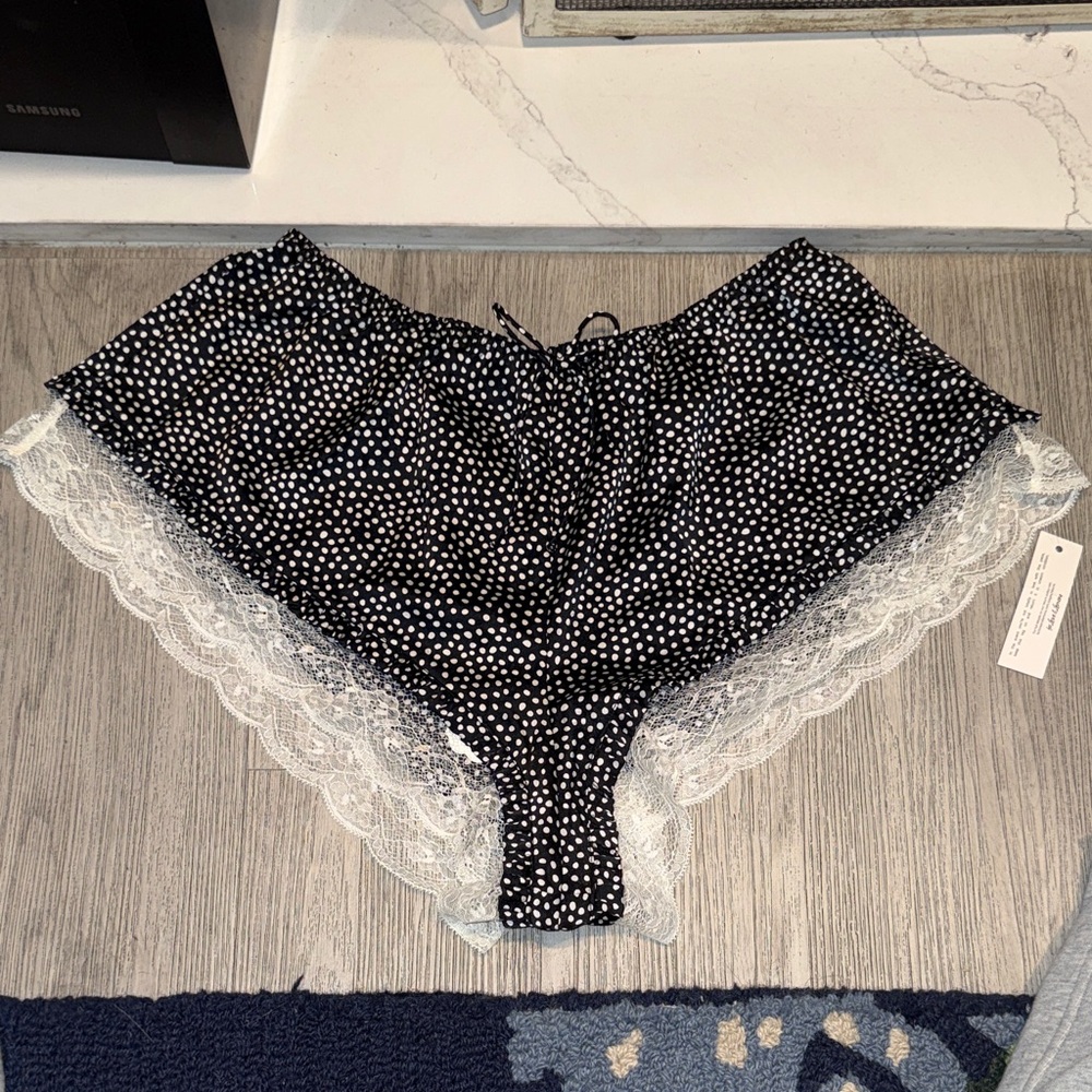 For Love & Lemons Black and White Polka Dot Lace-Trim Sleep Shorts